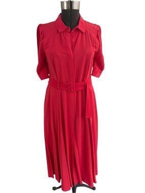 LOFT NWT Red Midi Shirt Dress Belted Fit & Flare Rayon Size 8